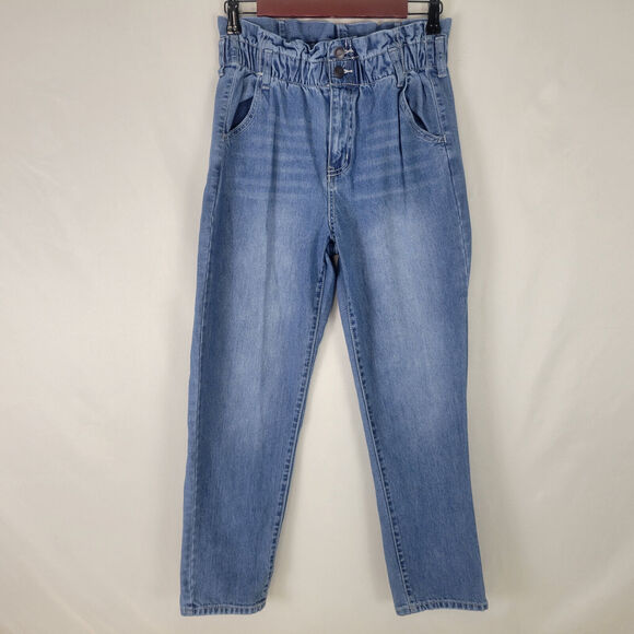 SO Jeans Juniors 7 Blue Denim High Rise Mom Women Two Button Stretch Medium Wash - Picture 1 of 15